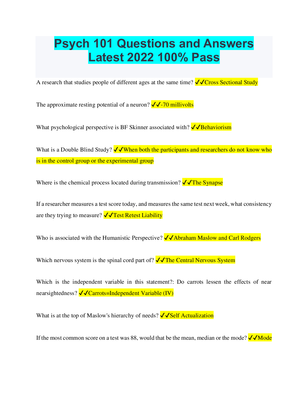 Preview image for Psych 101 Questions and Answers Latest 2022 100% Pass